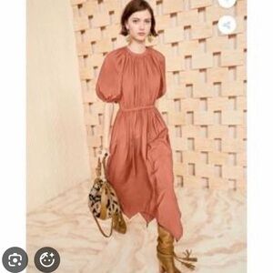 ULLA JOHNSON CYBIL TERRACOTTA Red Puff-Sleeve Midi Dress - Women SIZE 6